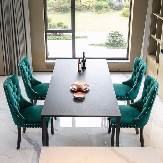 Modern Home Touch Romsey Set of 4 Dark Green Velvet Upholstered Dining Chairs with Oak Legs and Knocker Ring Back
