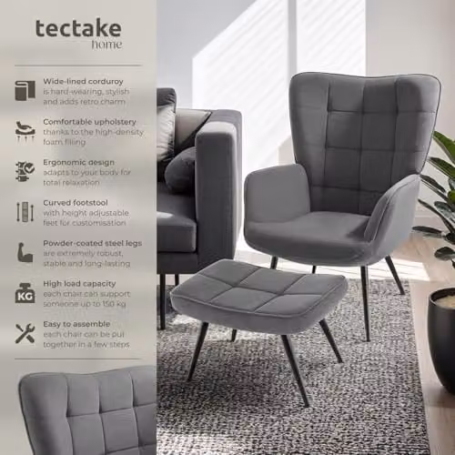 tectake Scandi Style Armchair with Integrated Footstool in Anthracite and Black Corduroy Fabric – 4
