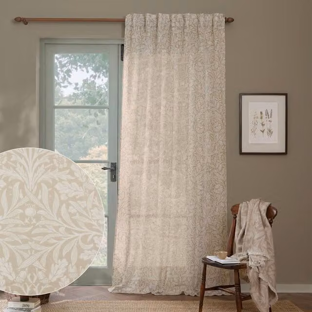 Morris & Co Beige Floral Sheer Viscose Fabric Curtain Panel, Width: 290 cm