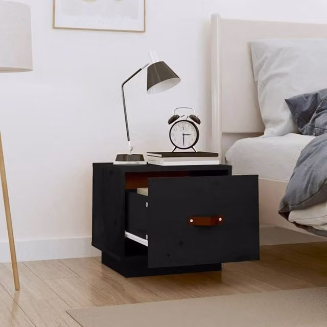 Berkfield Home Beautiful Bedside Cabinet in Black Solid Pine, W/D/H: 40 x 34 x 35 cm