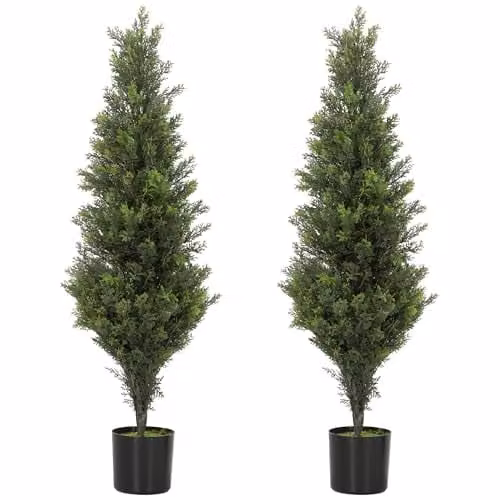 HOMCOM Set of 2 Green Decorative Artificial Cypress Trees with Weighted Concrete Pots, Height: 90 cm