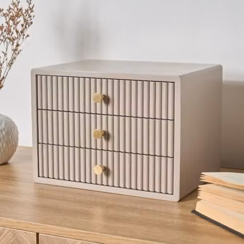 OHS Ribbed Wooden Desktop Drawer Organiser in Beige, W/D/H: 18.0 x 18.0 x 26.0 cm