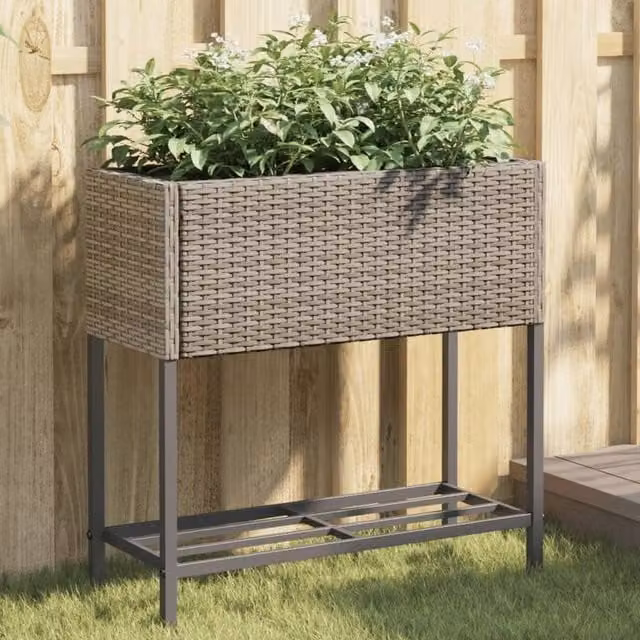 Berkfield Home Garden Planters with Shelf, 2 Piece Set, Grey Poly Rattan, W/D/H: 28 x 70 x 70 cm