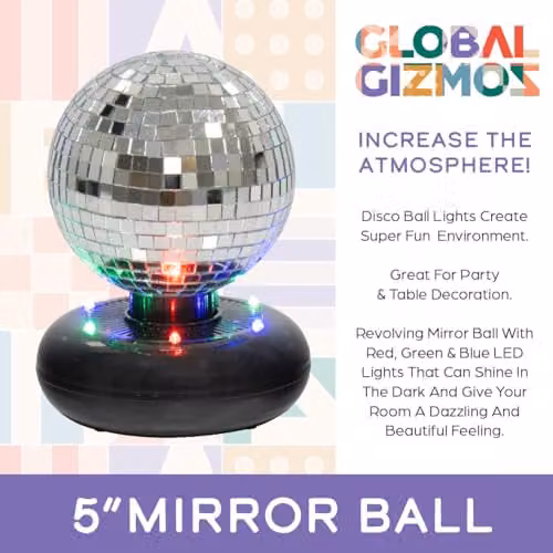 Global Gizmos 45869 Mini LED Disco Ball, Silver USB Powered Mirror Ball for Tabletop and Childrens Rooms – 3