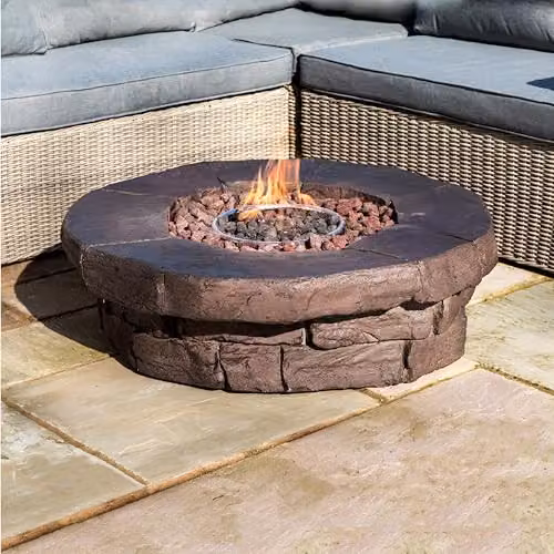 Teamson Home Brown Round Stone Effect Propane Gas Fire Pit Table with Lava Rocks and Cover – 5