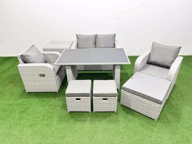 Fimous 7-Seater Outdoor Rattan Garden Furniture Dining Set with Side Table in Light Grey