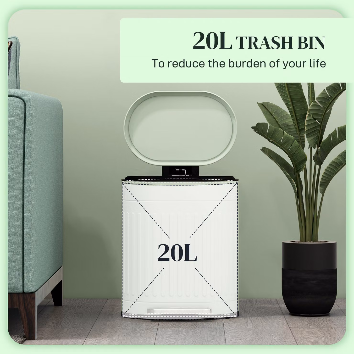 HOMCOM 20L Metal Pedal Bin with Soft-Close Lid and Removable Inner Bucket, Light Green – 2
