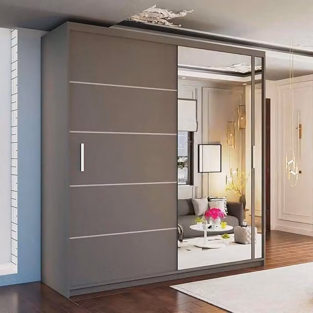 MN Furniture Grey Double Door Sliding Mirror Wardrobe with Integrated LED Lighting, W/H: 120 x 217 cm