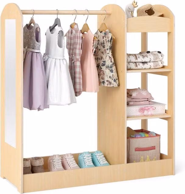 Gymax Childrens Pretend Play Storage Closet Armoire with Mirror in Light Khaki