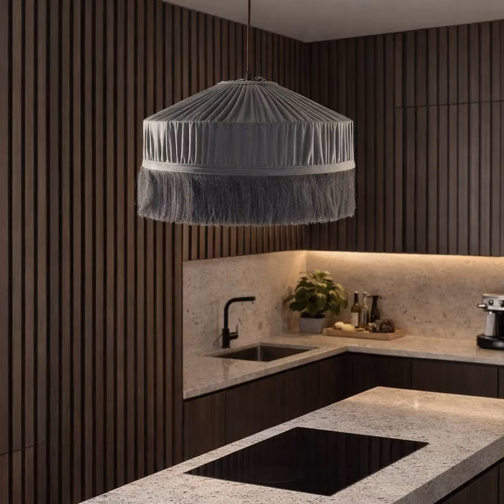CGC Lighting Victoria Velvet Fringe Lampshade in Grey, Pleated Tassel Round Pendant Shade, Diameter: 40 cm – 2