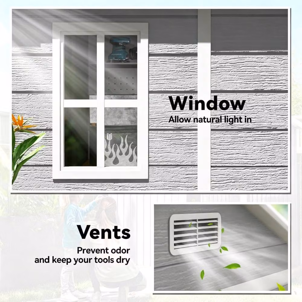 STILVORA Grey Garden Shed with Floor, Window and Lockable Double Doors W: 182 cm, D: 151 cm, H: 219 cm – 7