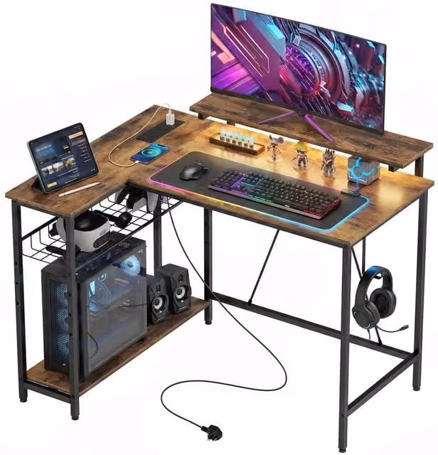 KORVIXA Brown L Shaped Gaming Desk with Lights, W/D: 100 x 100 cm