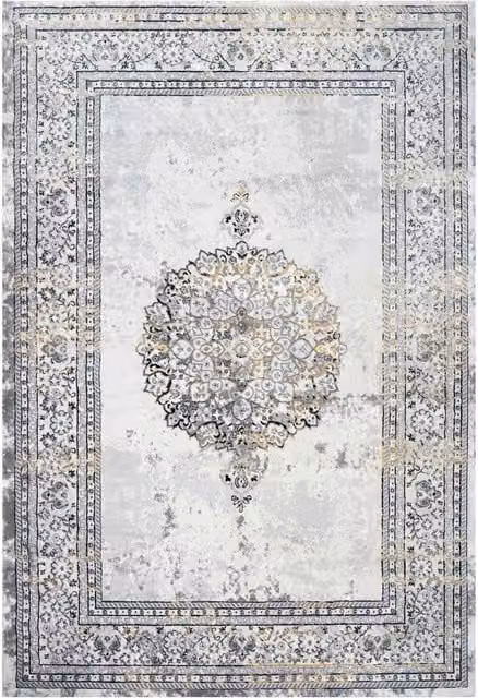 Kukoon Grey and Gold Metallic Distressed Traditional Medallion Bordered Rug, W: 160 cm, D: 230 cm