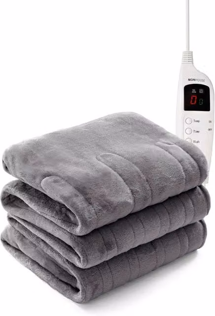 MONHOUSE Heated Electric Fleece Throw Blanket in Grey, Single Size, with 9 Heat Settings and 9H Timer