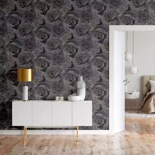 Muriva Madison Rose Glitter Wallpaper in Black and Gold with Large Floral Rose Design – 2