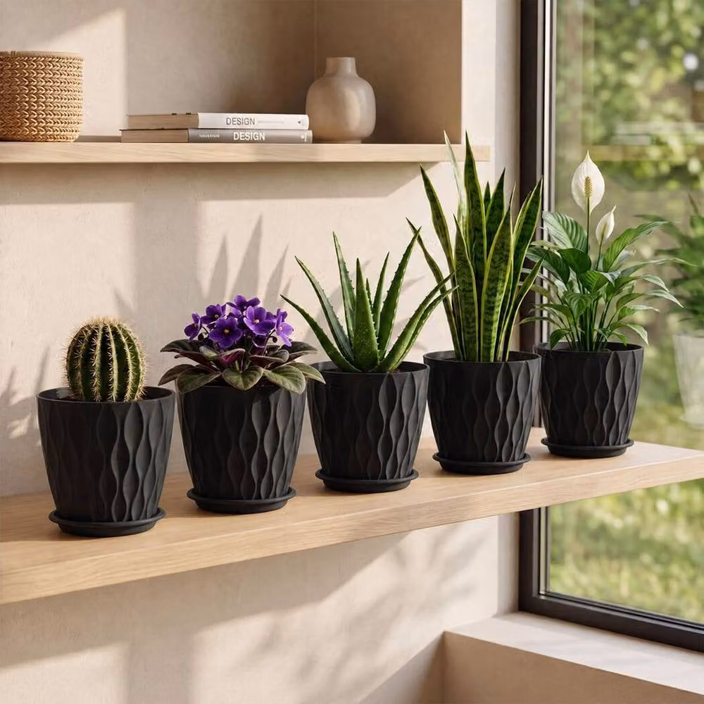 Toque 5-Piece Black Plastic Indoor Plant Pots with Drainage, 20 cm – 3