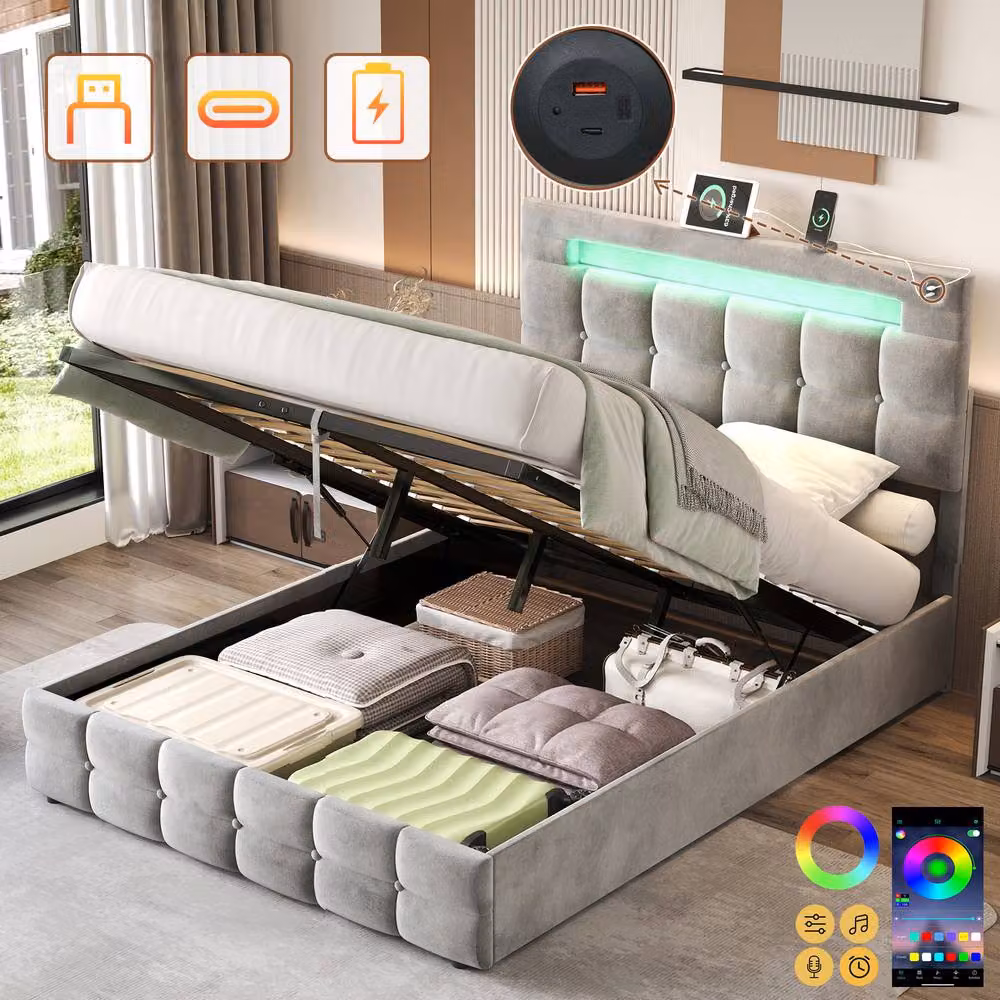 Merax Grey Velvet Upholstered Double Ottoman Bed with LED Lighting and USB Charging Station, W: 140 cm, D: 200 cm – 2
