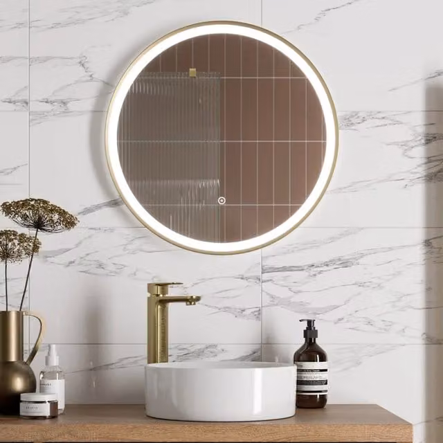 Bathwell Round LED Wall Mirror with Demister and Touch Switch in Gold