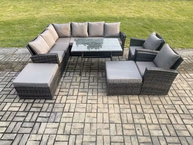 Fimous High Back Rattan Outdoor Garden Furniture Set with Corner Sofa, Dining Table and 2 Footstools in Dark Grey