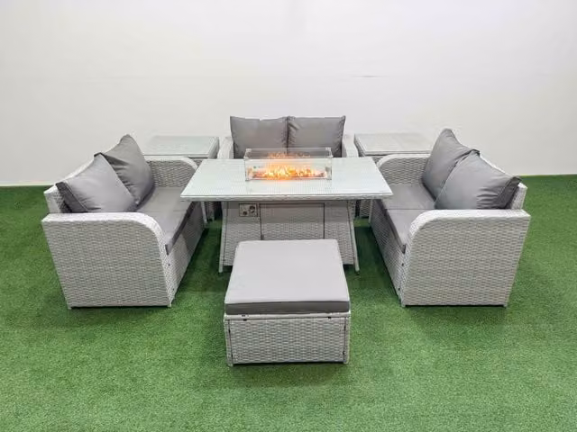 Fimous 7 Seater PE Wicker Rattan Garden Furniture Set in Light Grey with Firepit Dining Table, 2 Seater Love Sofa, Footstool and 2 Side Tables