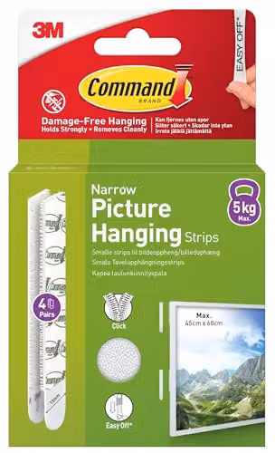 3M Command Narrow Double Sided Picture Hanging Strips in White, 4 Pairs (8 Adhesive Strips)