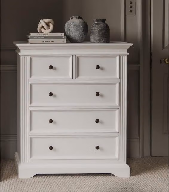 Gainsborough 2 over 3 Chest of Drawers in White with Round Antique Brass Handles, H 105.0 x W 90.0 x D 42.5 cm