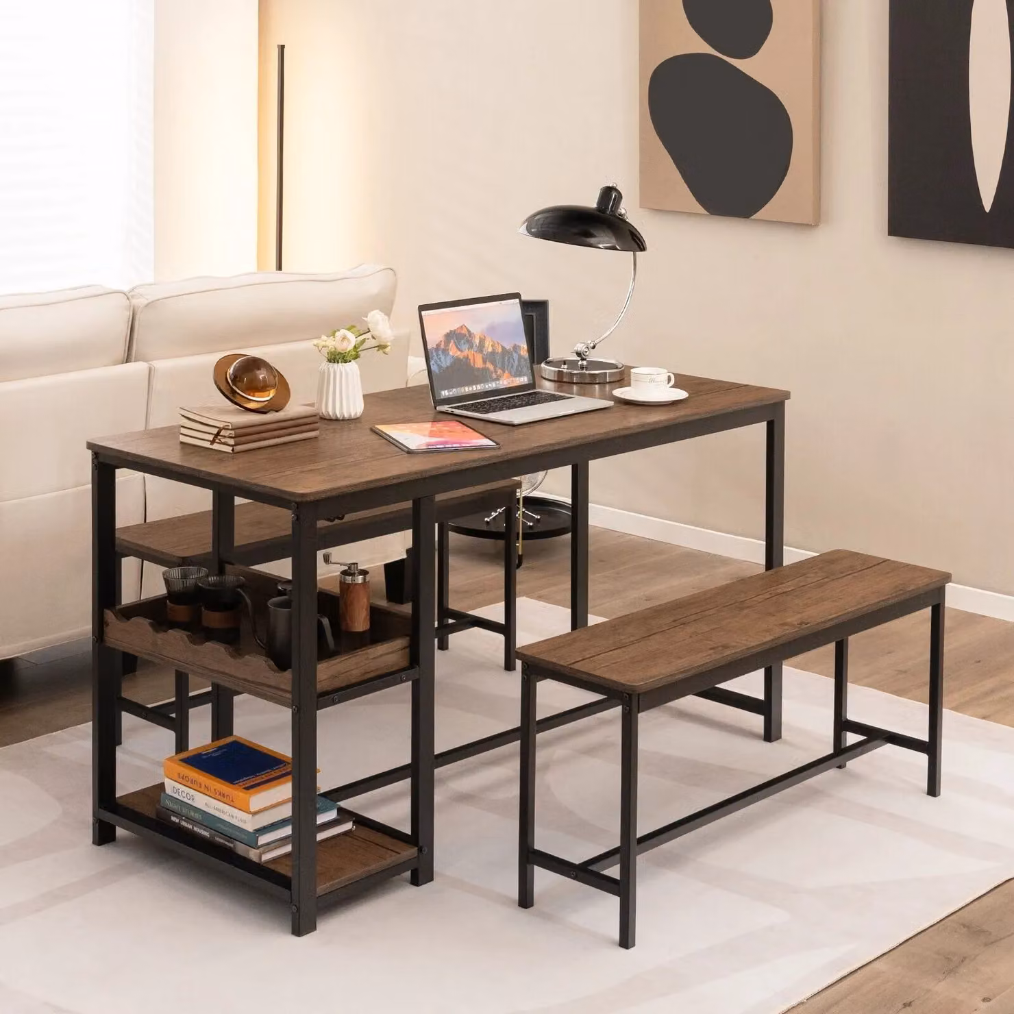 Gymax 3-Piece Industrial Dining Set with Rectangular Table, 2 Benches, Storage Shelf and Wine Rack in Brown – 3