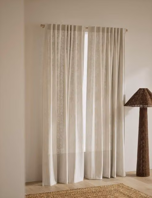 M&S Multiway Sheer Cotton Linen Blend Curtains, Beige Multicolour, W: 168 cm, H: 137 cm