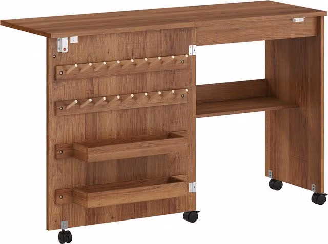 HOMCOM Folding Sewing Table and Rolling Craft Table with Storage Compartments and Lockable Casters, Brown