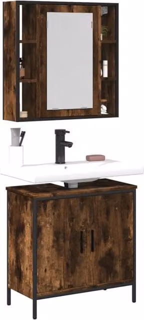 Berkfield Home 2 Piece Brown Smoked Oak Bathroom Furniture Set with Mirror Cabinet and Vanity Unit – 1
