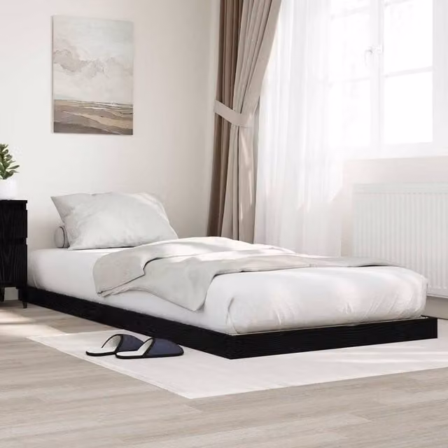 Berkfield Home Black Oak Floor Bed Frame in Engineered Wood W: 75 cm, L: 190 cm