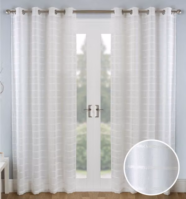 Tyrone Textiles Pair of Eyelet Sheer Linen-Look Voile Fabric Panels with Chenille Stripe Design in Beige, Brown and White, Height: 183 cm