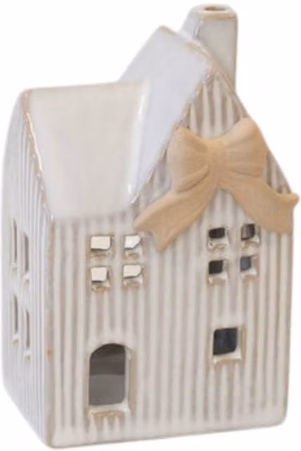 Four Candle White Ceramic Natural Tealight House with Bow Detail