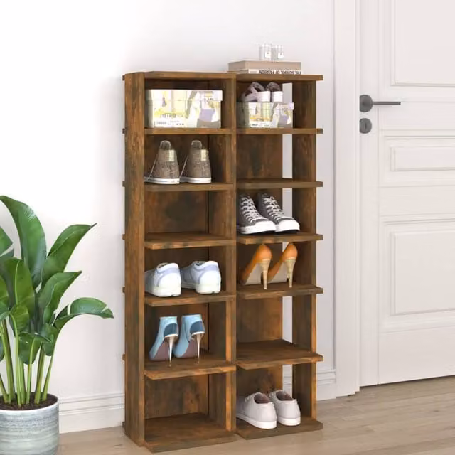 Berkfield Home Set of 2 Smoked Oak Shoe Racks, Brown Engineered Wood, W/D/H: 27.5 x 27.0 x 102.0 cm – 1
