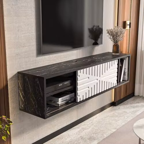 DECOROTIKA Teo Floating TV Stand with Sliding Doors and Open Shelves, Black Marble Effect and White, W: 140 cm, D: 29.5 cm, H: 29.5 cm – 2