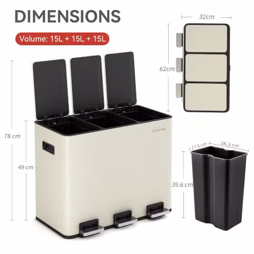 MCC Direct 45L Stainless Steel Kitchen Recycling Pedal Bin with Soft-Close Lids and Removable Inner Buckets, Beige – 2
