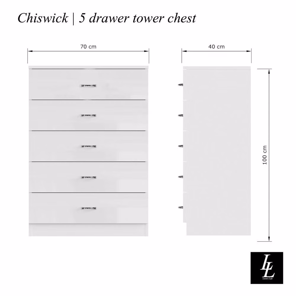 LUXURY LIFE Keaton Gloss White 5 Drawer Modern Tower Chest Of Drawers – 2