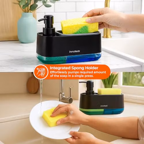 Innoteck Essentials 3-in-1 Hand and Dish Soap Dispenser with Sponge Holder, Black, 420ml and 380ml Capacity – 5