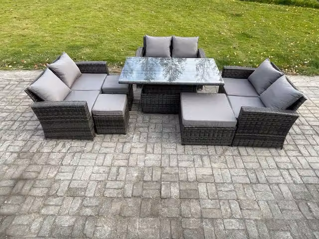 Fimous Dark Grey PE Rattan Garden Furniture Set with Height Adjustable Lifting Table and 3 Footstools