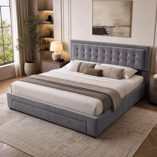 STILVORA Modern Upholstered King Size Bed with Storage in Grey Velvet, W/D/H: 150 x 200 cm – 1