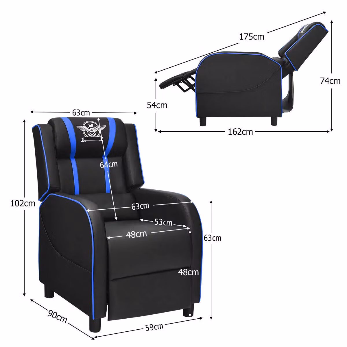 Gymax Blue and Black PU Leather Gaming Chair Recliner Sofa with Footrest, Headrest and Lumbar Cushion – 3