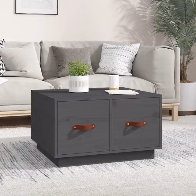 Berkfield Home Grey Rustic Solid Pine Coffee Table W: 60 cm, D: 53 cm, H: 35 cm