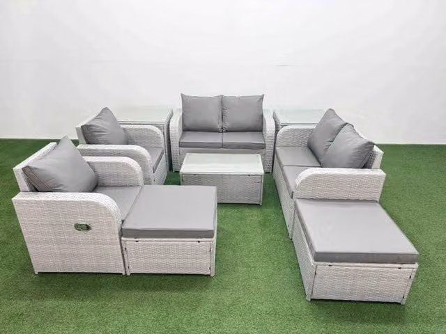 Fimous 8 Seater Rattan Garden Furniture Set in Light Grey with Reclining Chairs, U-Shape Sofa, Coffee Table and Ottomans
