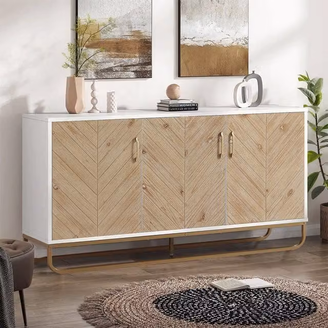 Livingandhome Modern White Three Door Side Storage Cabinet with Internal Shelves