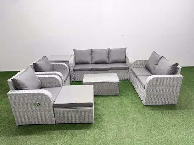 Fimous Grey PE Rattan Garden Furniture Set with Adjustable Chairs, Double Love Seat, Coffee Table and Footstool