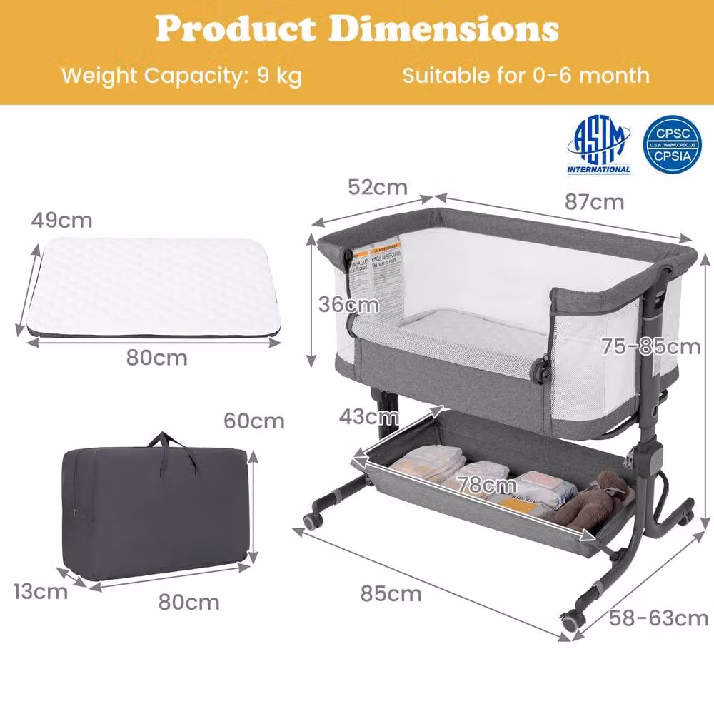 Gymax Adjustable Height Folding Bedside Crib Bassinet in Grey – 2