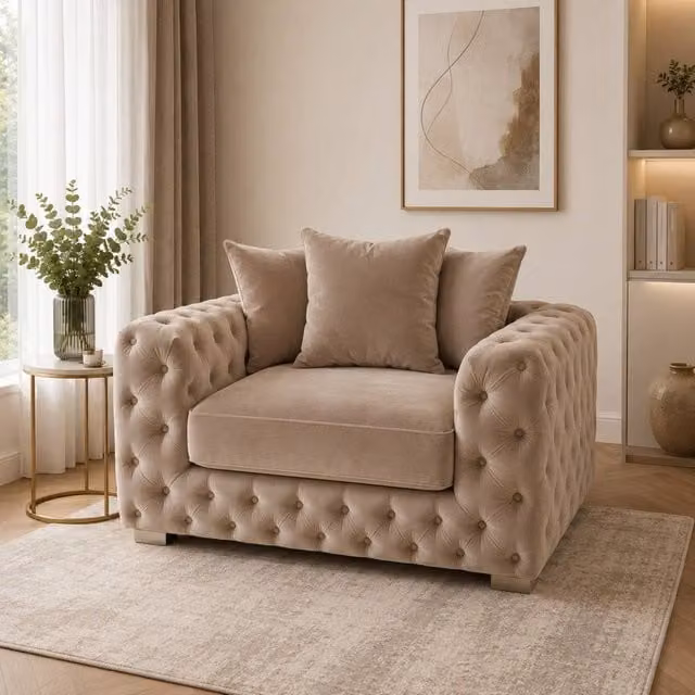 Stratus Interiors Ashley Luxe Chesterfield L-Shape Scatter Back Sofa in Beige Velvet – 1