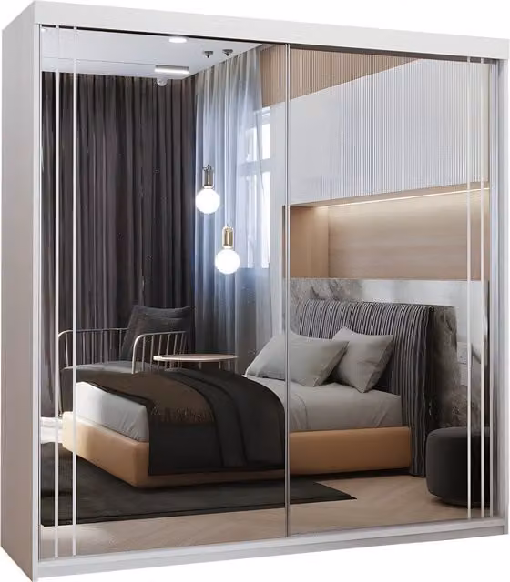 Sliding Wardrobes 4u Modern White Glossy Freestanding Sliding Wardrobe with Mirrored Doors and Integrated Drawers, Width: 203 cm