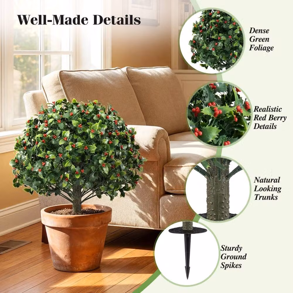 VOGREX 2 Artificial Holly Berry Topiary Tree in Green and Red, Height: 60 cm – 4