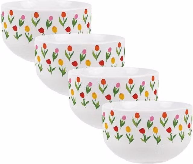 Purely Home Floral Tulips Print Ceramic Cereal Bowl, Green and Multicolour